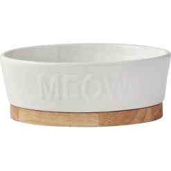 Frisco Oval Meow Non-skid Ceramic Cat Bowl With Wood Base