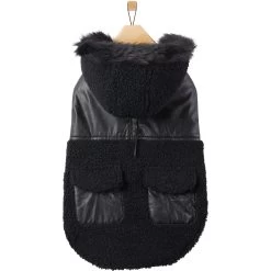 Frisco Medium Weight Faux Leather Dog & Cat Parka With Faux Fur Trimmed Hood, Black -Frisco 719798 PT3. AC SS1800 V1692978853